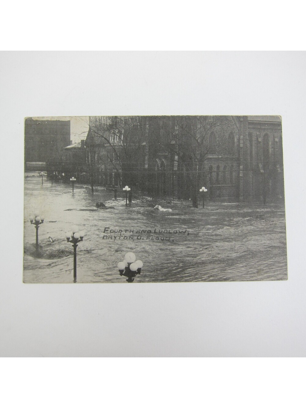 Postcard 1913 Dayton Ohio Flood Photo Fourth & Ludlow Street Under Water Antique